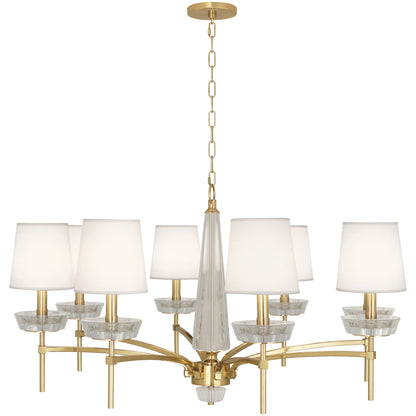 Cristallo Chandelier in Modern Brass with clear crystal accents and Fondine shades.