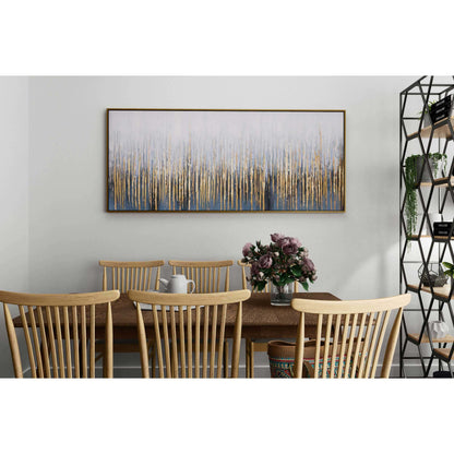 Hand-painted blue and gold abstract art mounted in a dining room with wooden furniture.