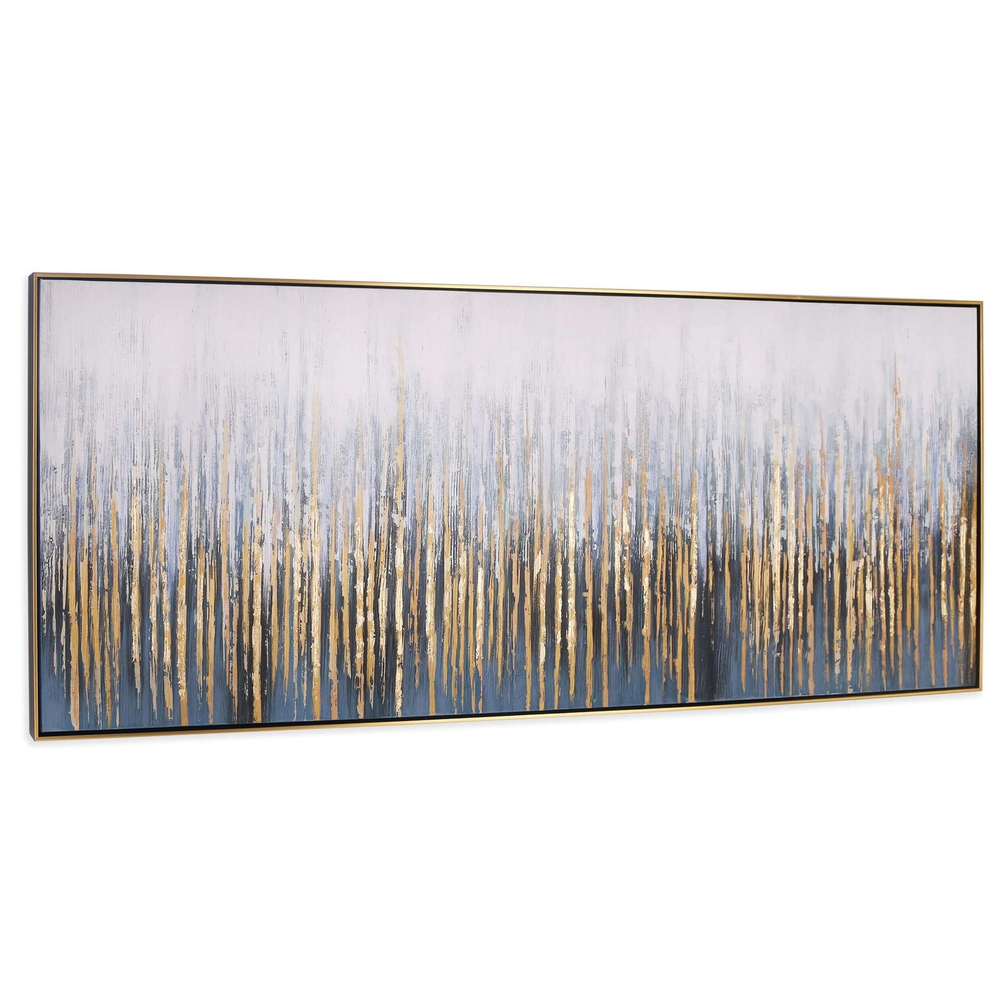 Abstract hand-painted canvas with blue and gold brushstrokes in a gold floater frame.