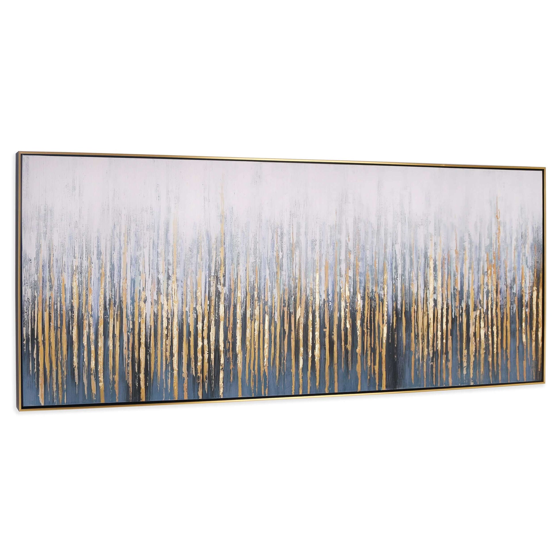 Abstract hand-painted canvas with blue and gold brushstrokes in a gold floater frame.