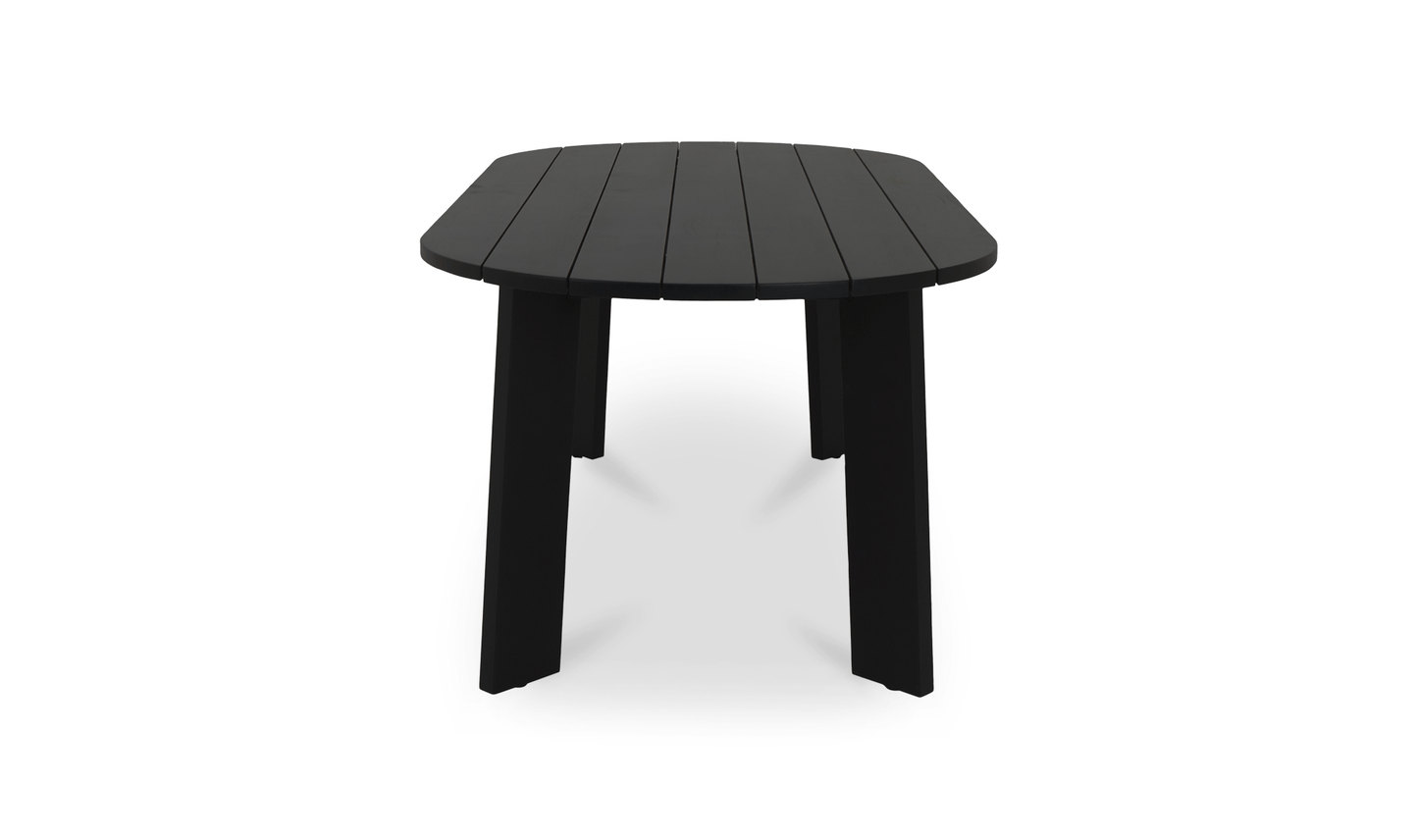 Side view of the Delta Outdoor Oval Dining Table highlighting the sleek, angular leg design.