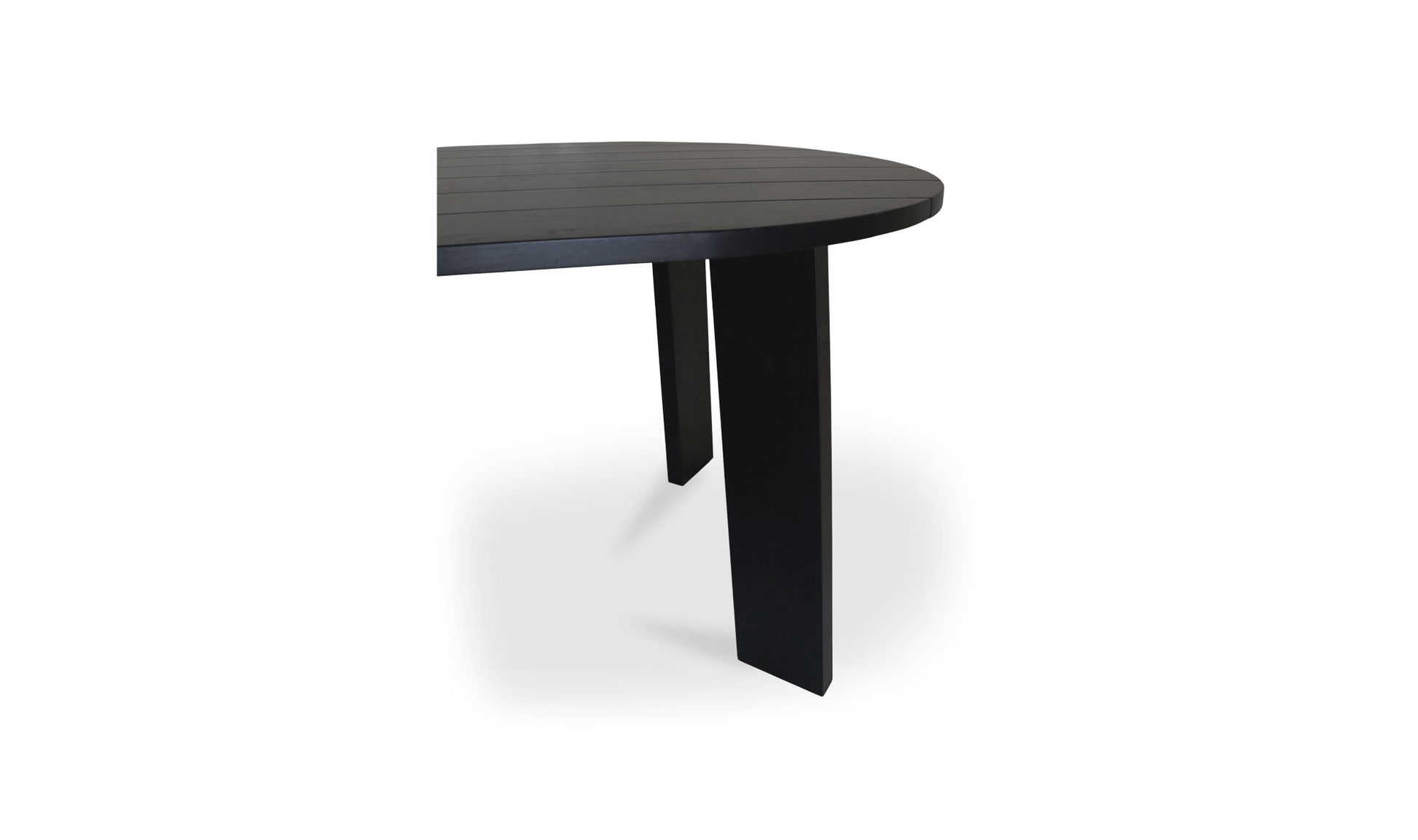 Close-up side view of the Delta Outdoor Oval Dining Table by Moe's Home Collection, showcasing its black matte finish and angular leg design.