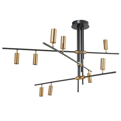 Spartan cylinder pendant light in black and gold, angled view with 9 spotlights.