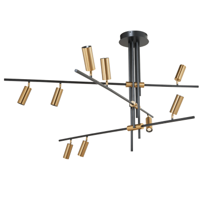 Spartan cylinder pendant light with 9 adjustable gold cylinder spotlights, full view.