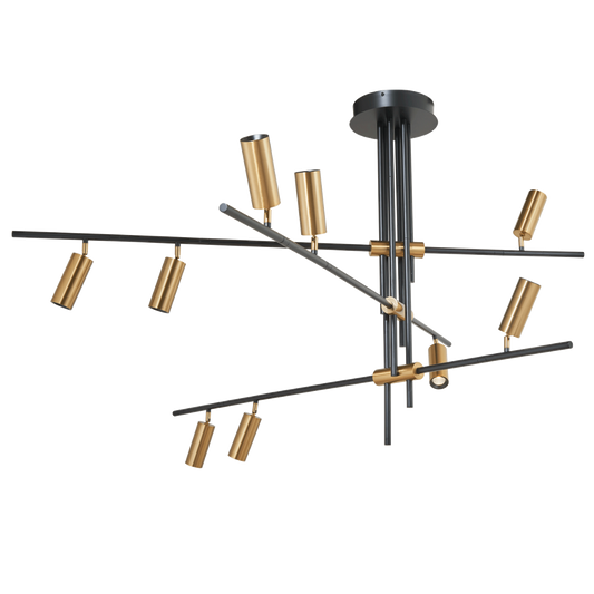 Spartan cylinder pendant light with 9 adjustable gold cylinder spotlights, full view.