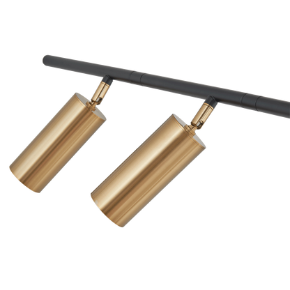 Close-up of Spartan cylinder pendant light gold spotlight heads.