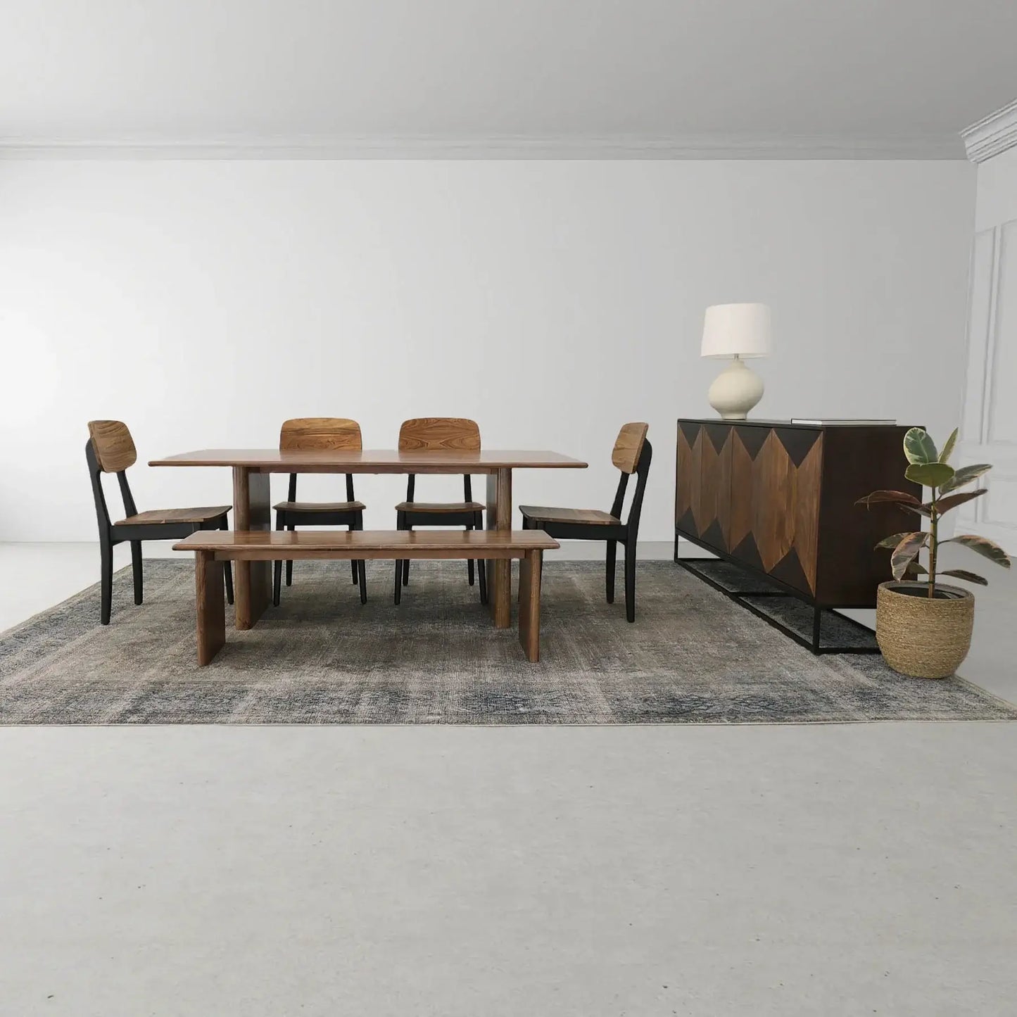  Dallas Solid Wood Dining Table with matching bench and chairs in a minimalist dining room setting.