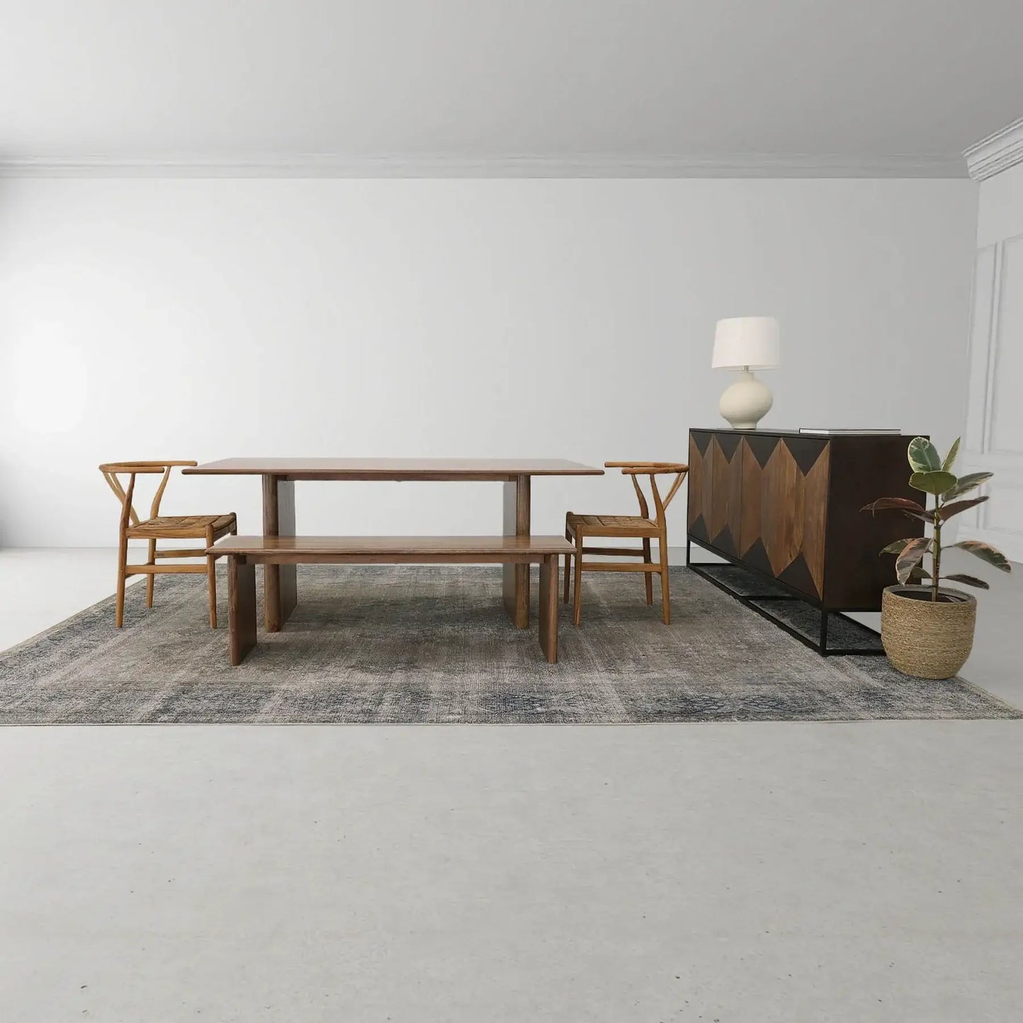 Dallas Wooden Dining Bench paired with a matching solid mango wood dining table in a rustic modern dining room.