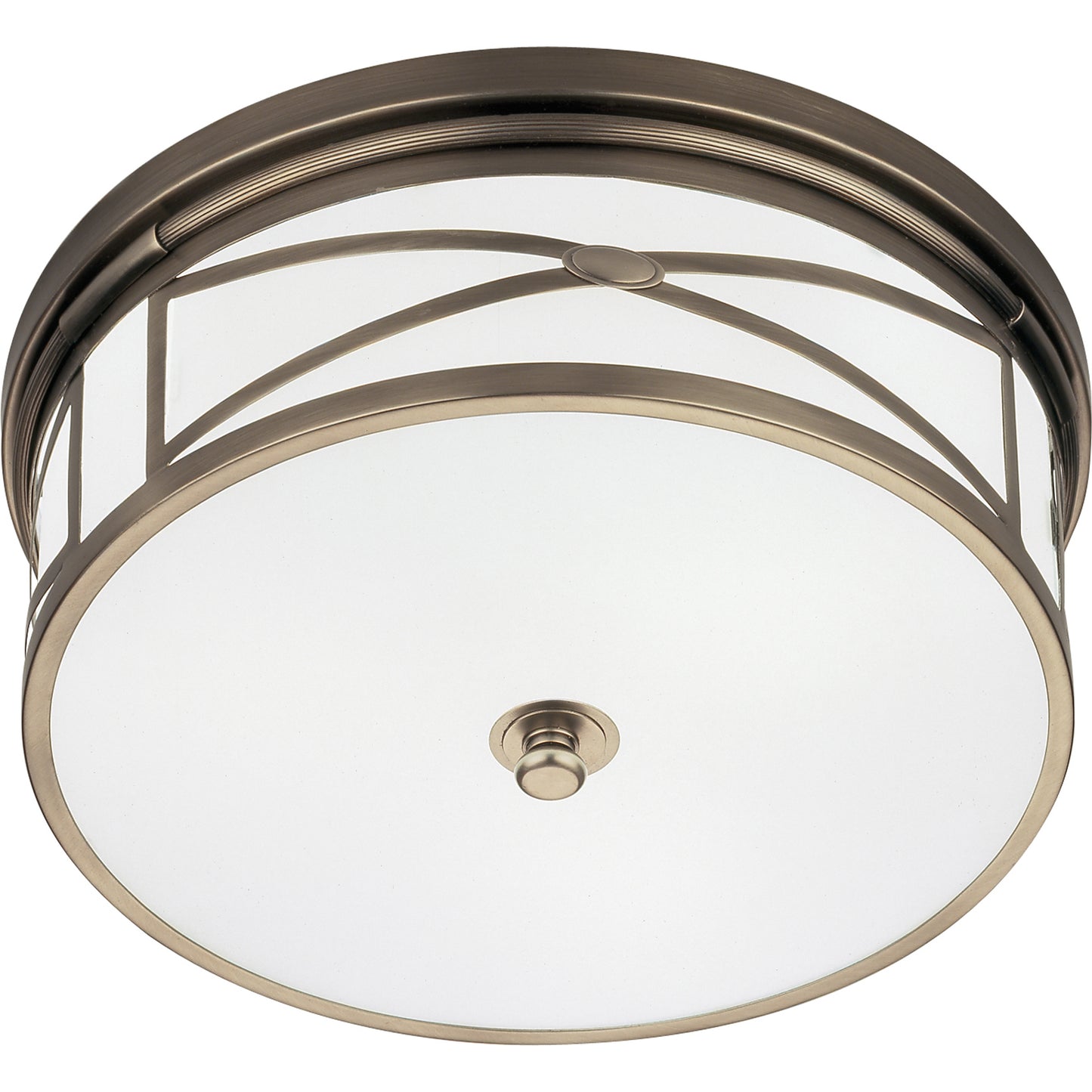 Dark antique nickel dining room flushmount with frosted glass shade for a warm glow.