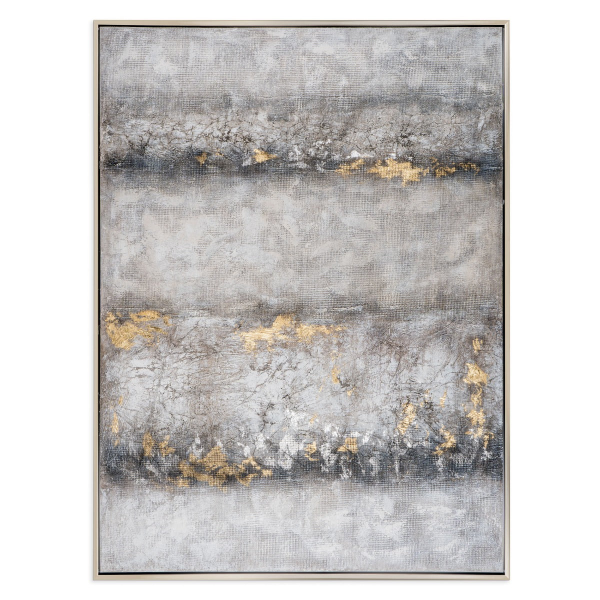 Full-framed contemporary hand-painted canvas featuring layered greys, browns, and gold leaf.