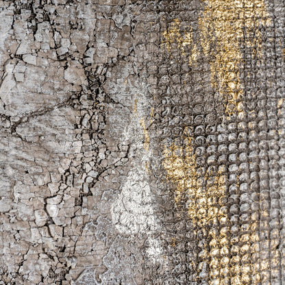 Detail shot highlighting the gold leaf accents and textured surface of the hand-painted wall art.