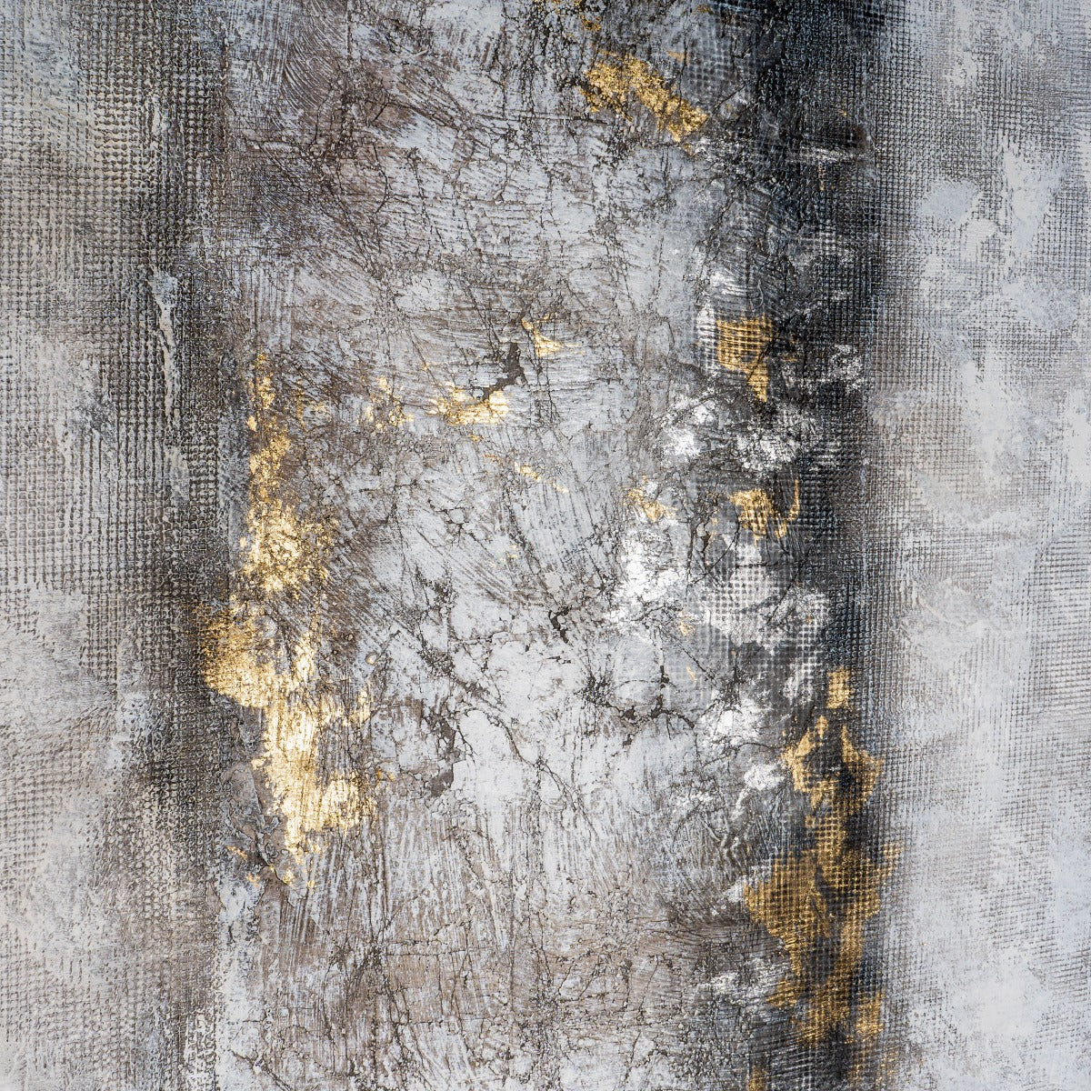 Cracked and layered texture detail with metallic silver and gold highlights on abstract art.