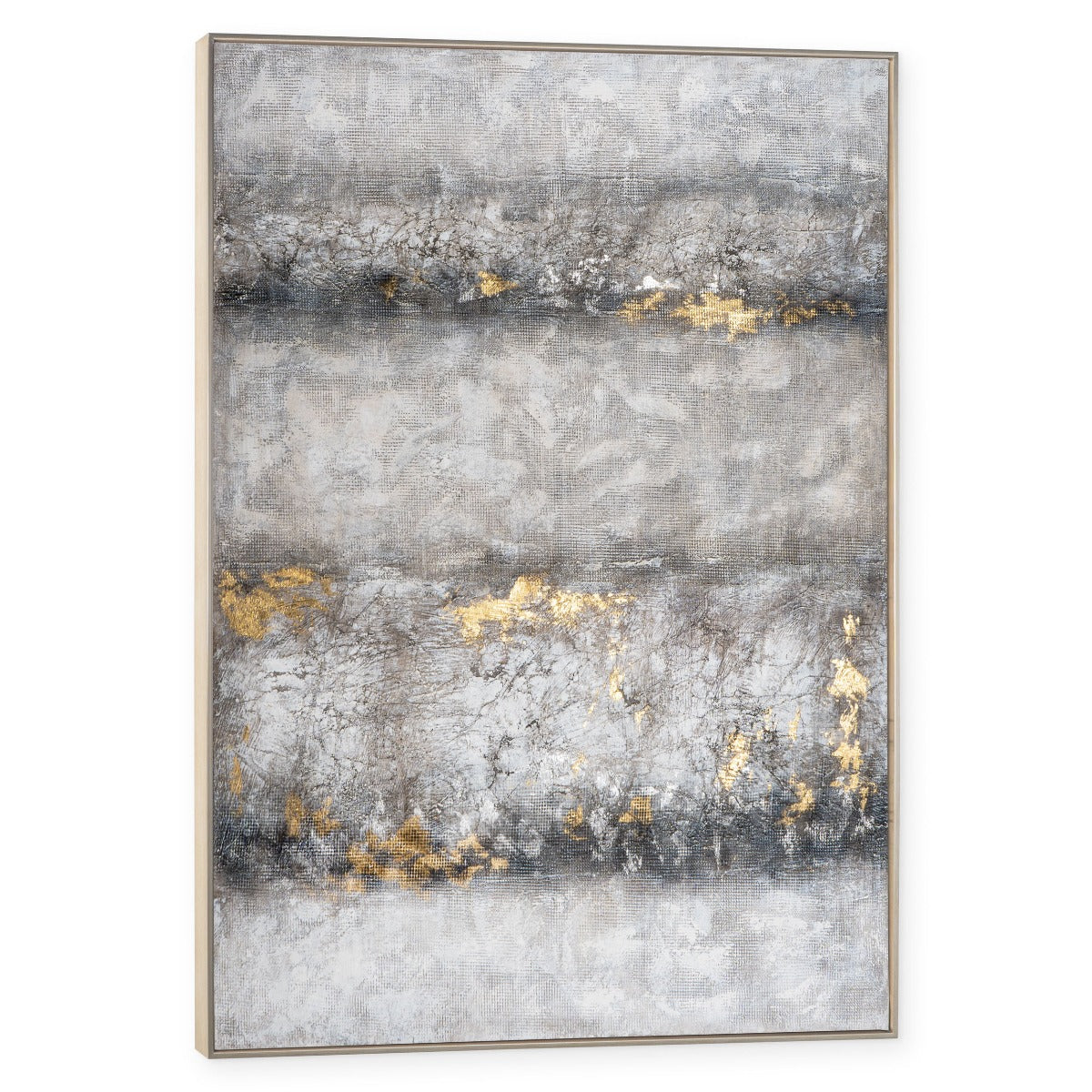 Hand-painted oversized abstract canvas with grey and gold leaf details, angled view.