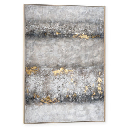 Hand-painted oversized abstract canvas with grey and gold leaf details, angled view.