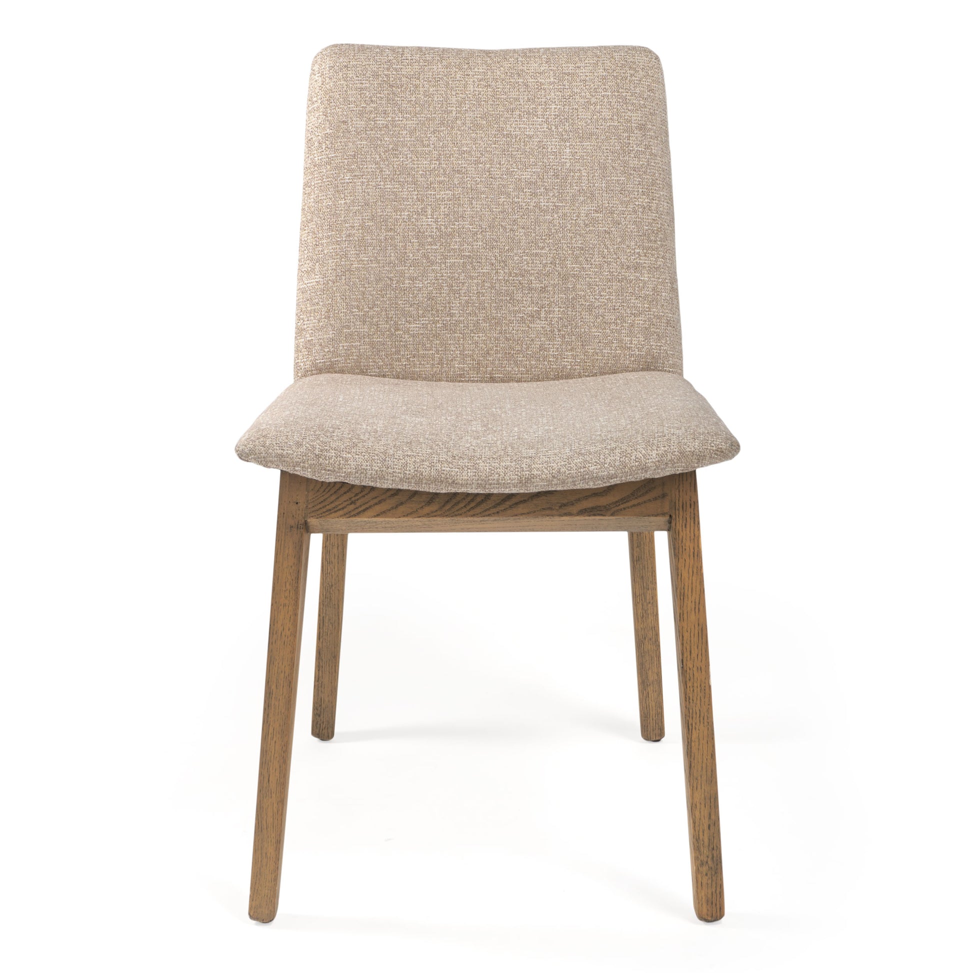 Front view of a contemporary dining chair with beige upholstery and natural wood accents.