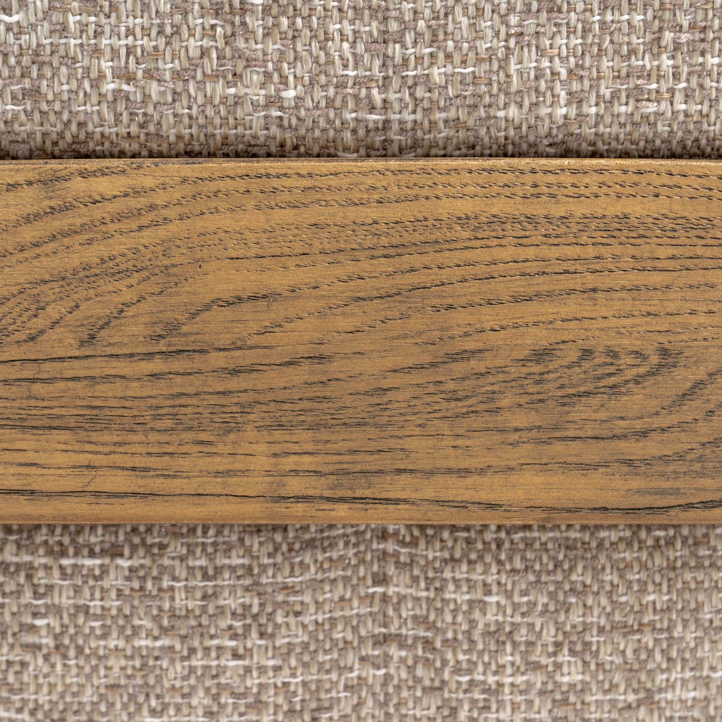 Detailed view of the solid wood frame and textured beige fabric seat.