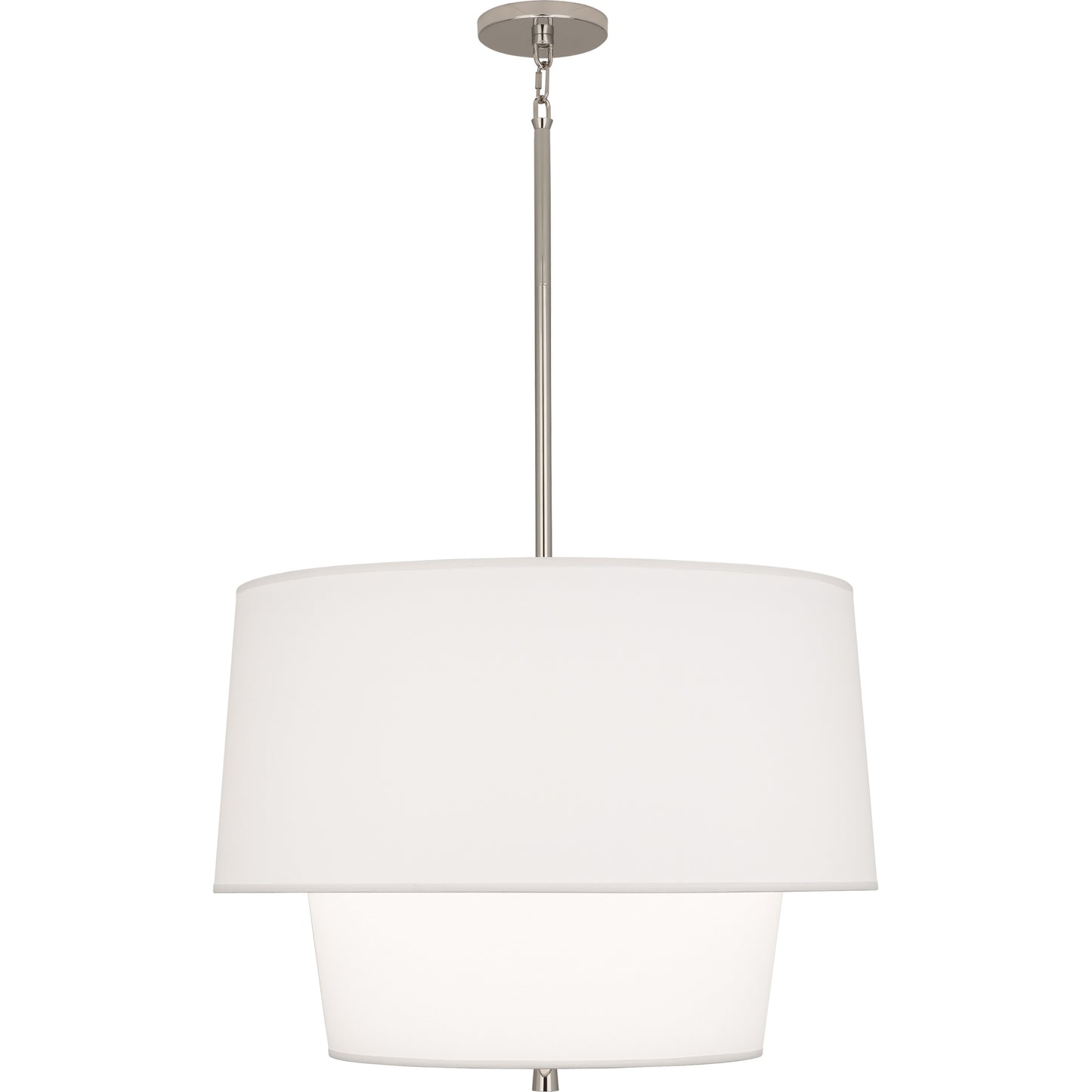 Alternate angle of polished nickel pendant light with Ascot White fabric shade, showcasing the adjustable stem.