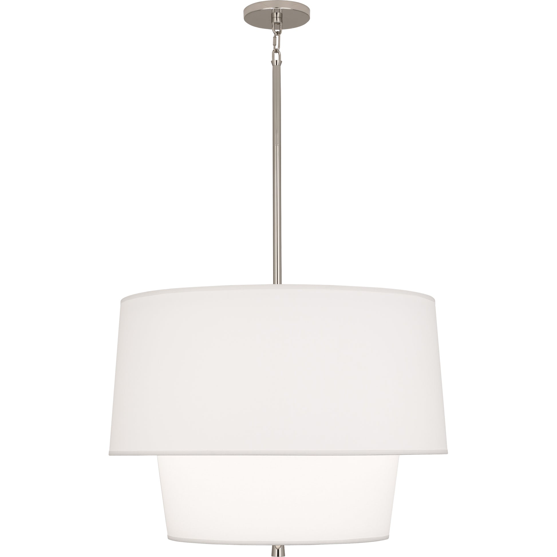 Alternate angle of polished nickel pendant light with Ascot White fabric shade, showcasing the adjustable stem.