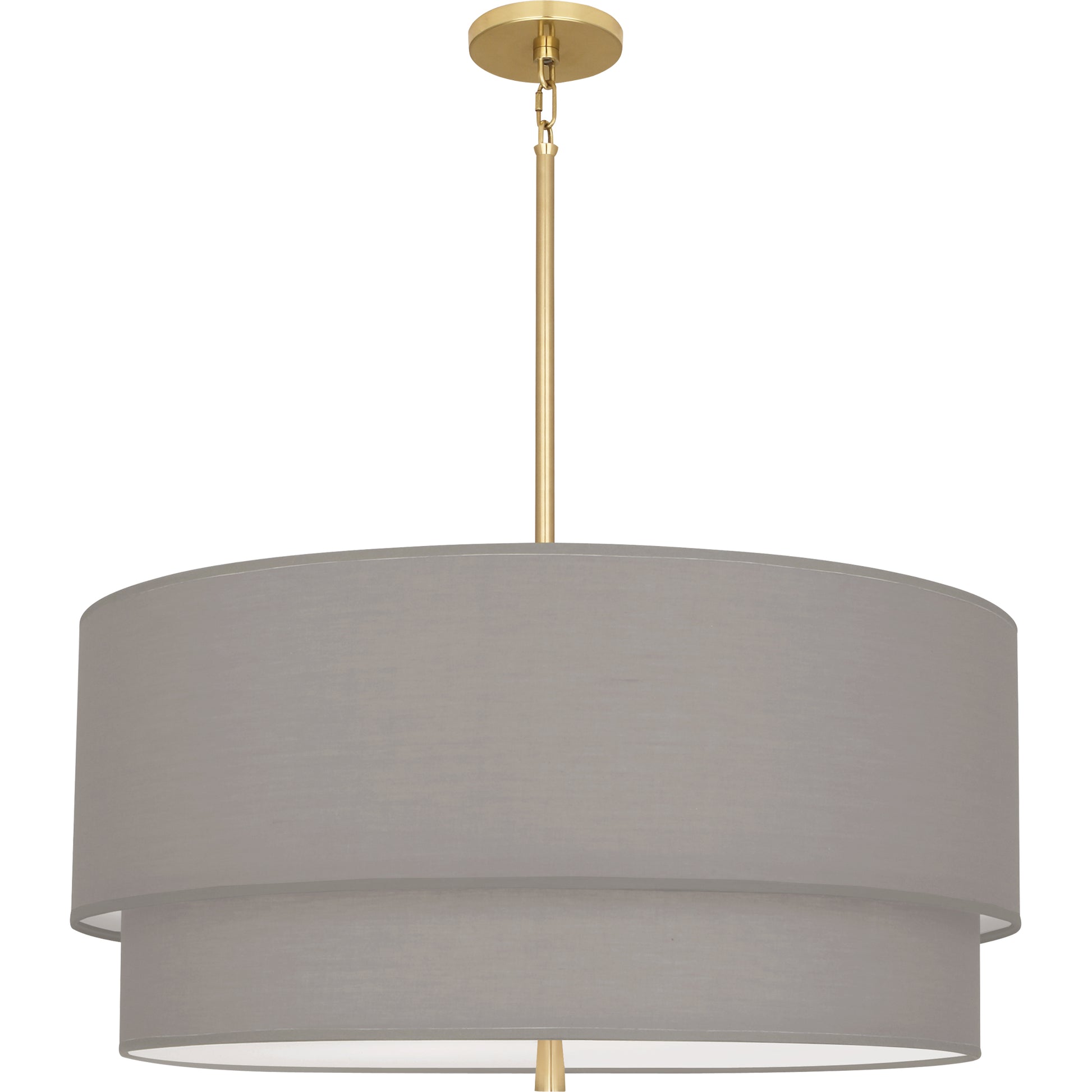 Sophisticated brass pendant light with a smoke gray double-layered fabric shade