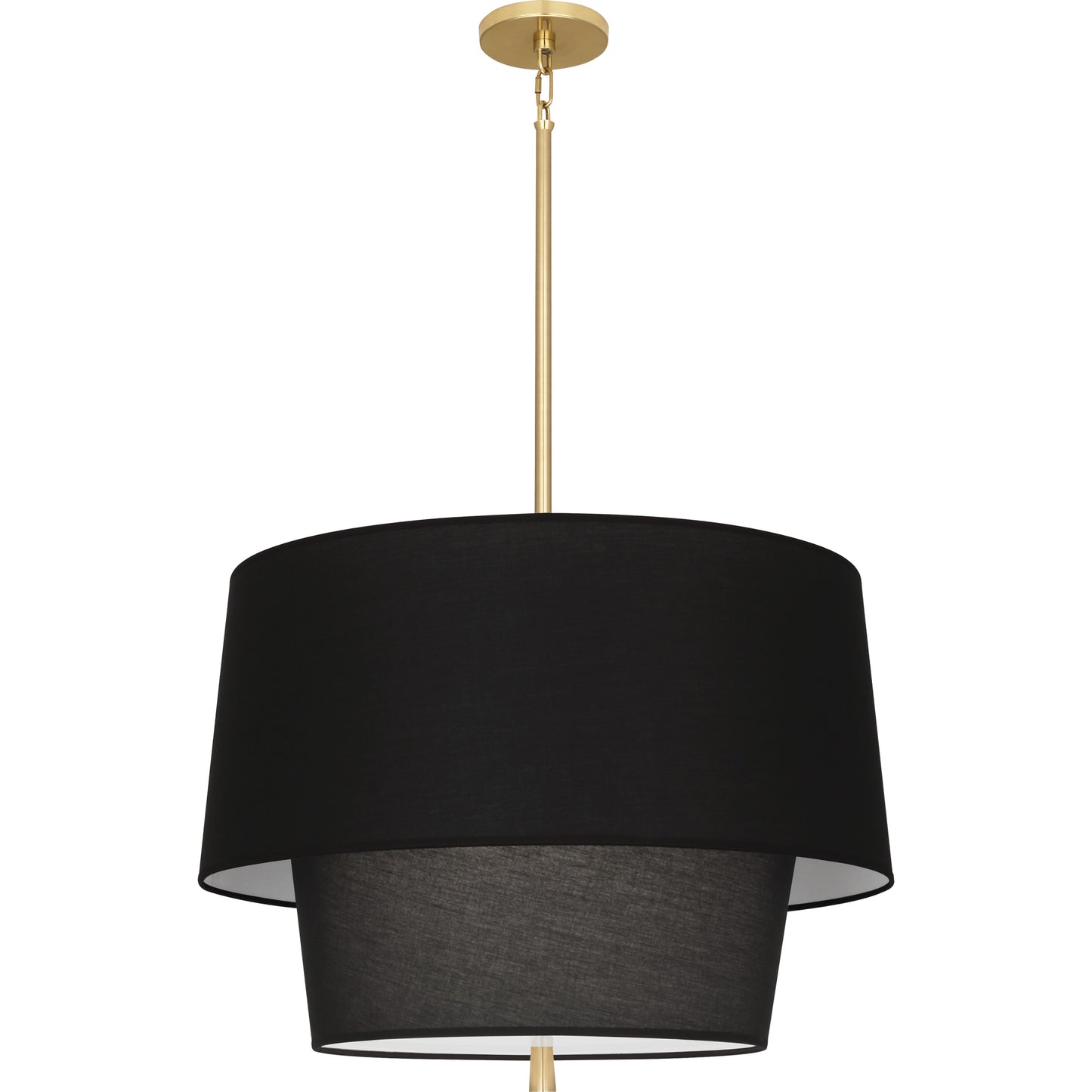 Modern brass pendant light with Raven Black fabric shade in a two-tier design, showcasing a sleek and contemporary aesthetic.