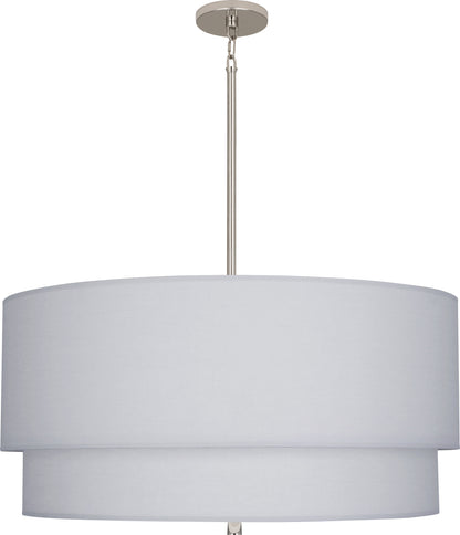 Pendant light with a double drum shade in pearl gray and polished nickel hardware, viewed head-on.