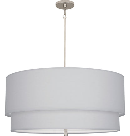 Pendant light with a double drum shade in pearl gray and polished nickel hardware, viewed from a slight angle.