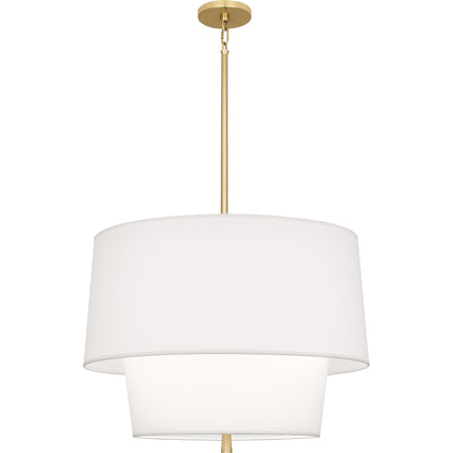  Modern brass pendant light with Ascot White fabric shade in a two-tier design.