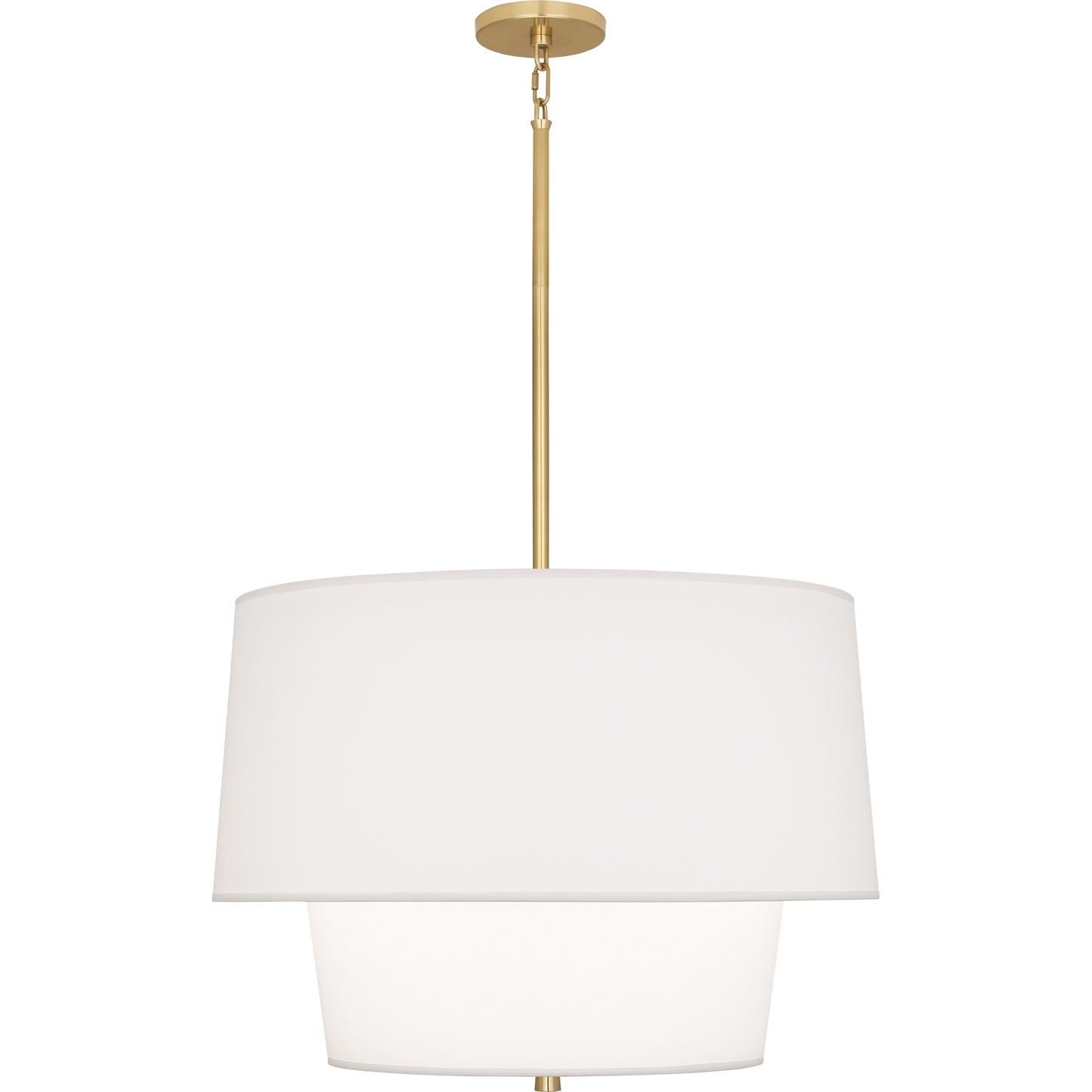 Modern brass pendant light with Ascot White fabric shade, emphasizing its timeless and versatile appeal.