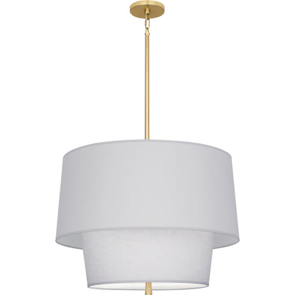 Modern brass pendant light with Pearl Gray fabric shade in a layered structure.