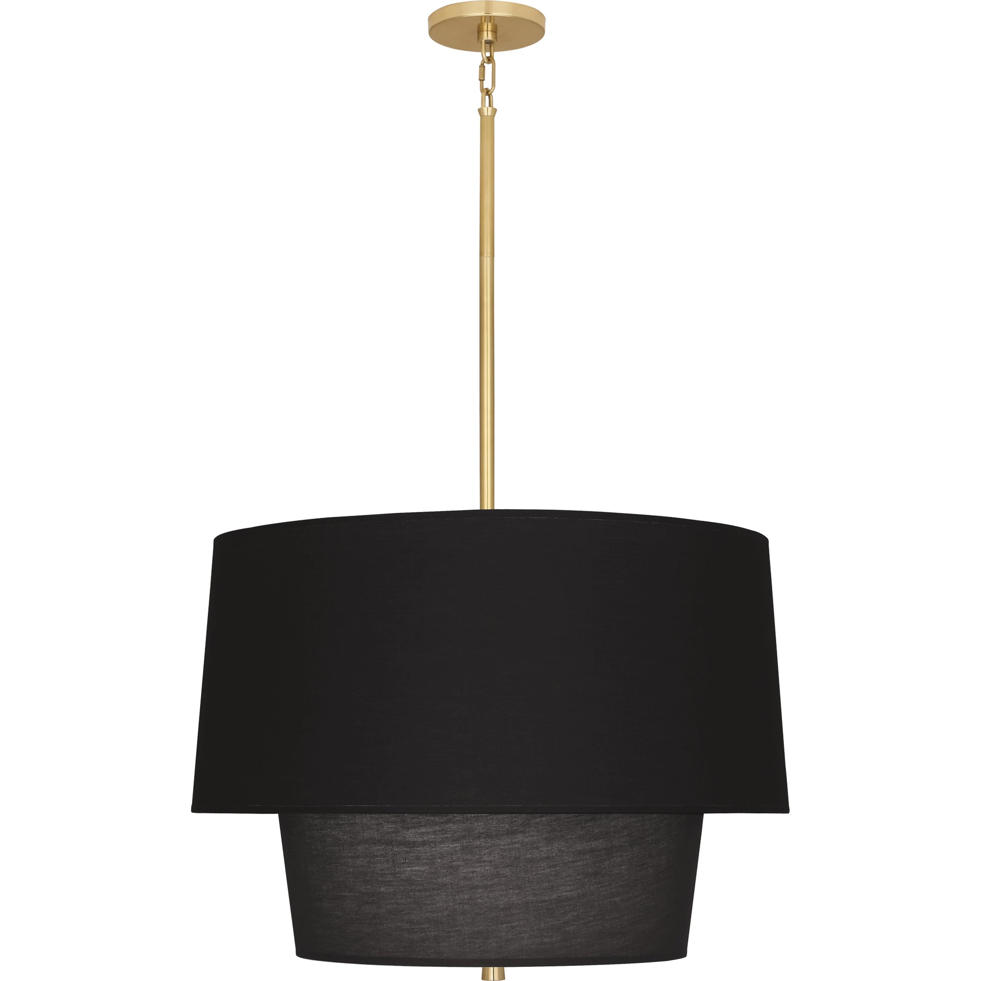 Modern brass pendant with Raven Black fabric shade, perfect for transitional interiors.