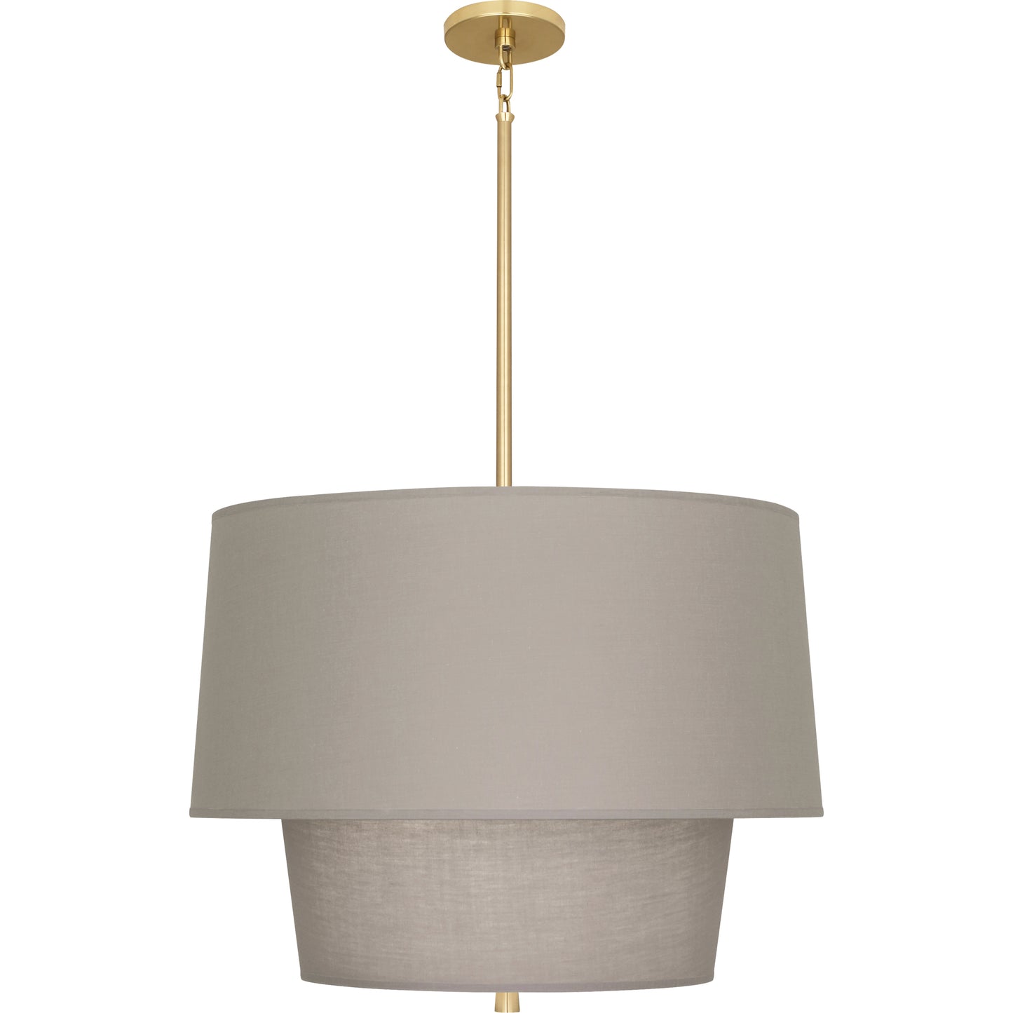 Modern brass pendant light with Smoke Gray fabric shade, offering a bold and contemporary aesthetic.