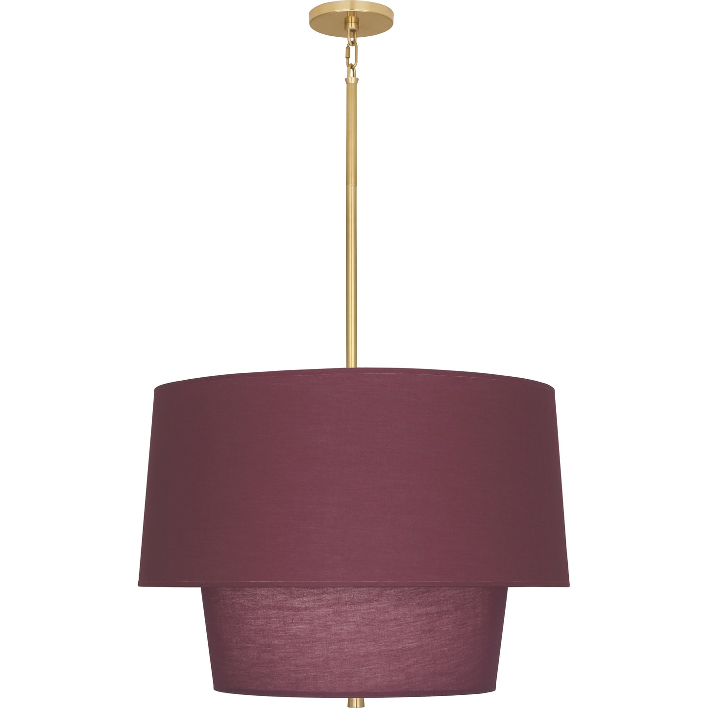 Modern brass pendant light with Vintage Wine fabric shade in a two-tier design, highlighting the deep hue.