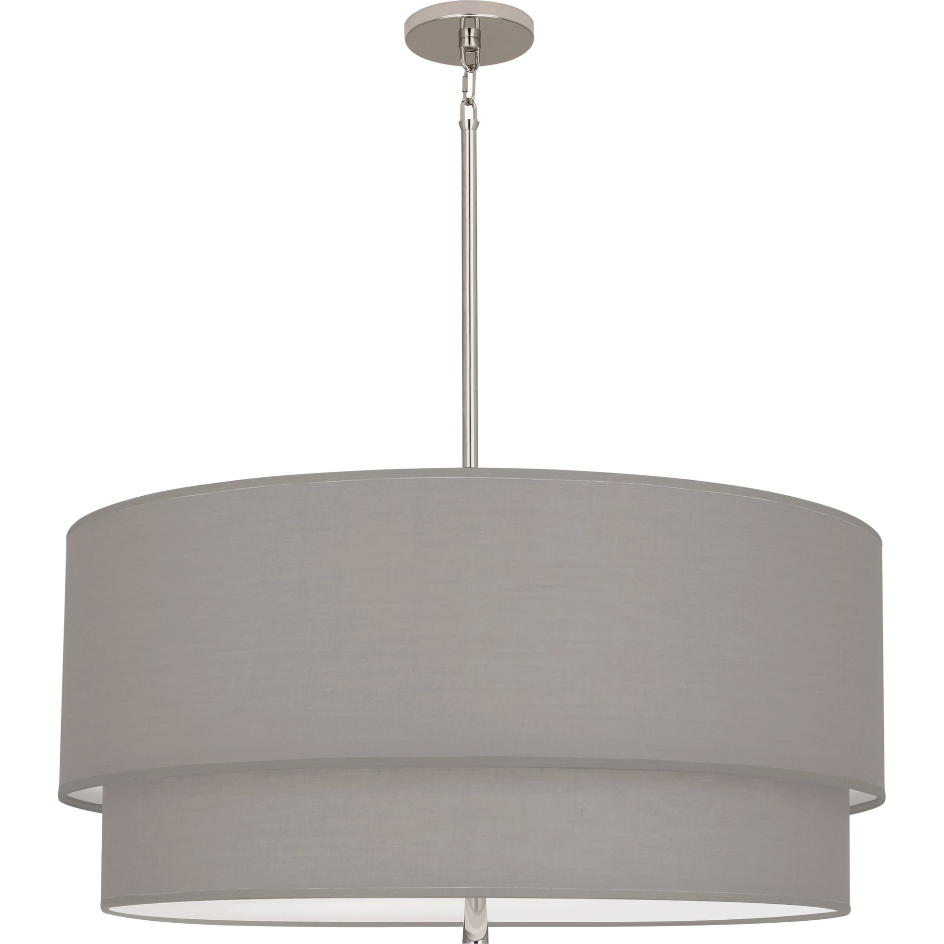 Nickel finish pendant light with a classic smoke gray double-layered shade, perfect for elegant settings.