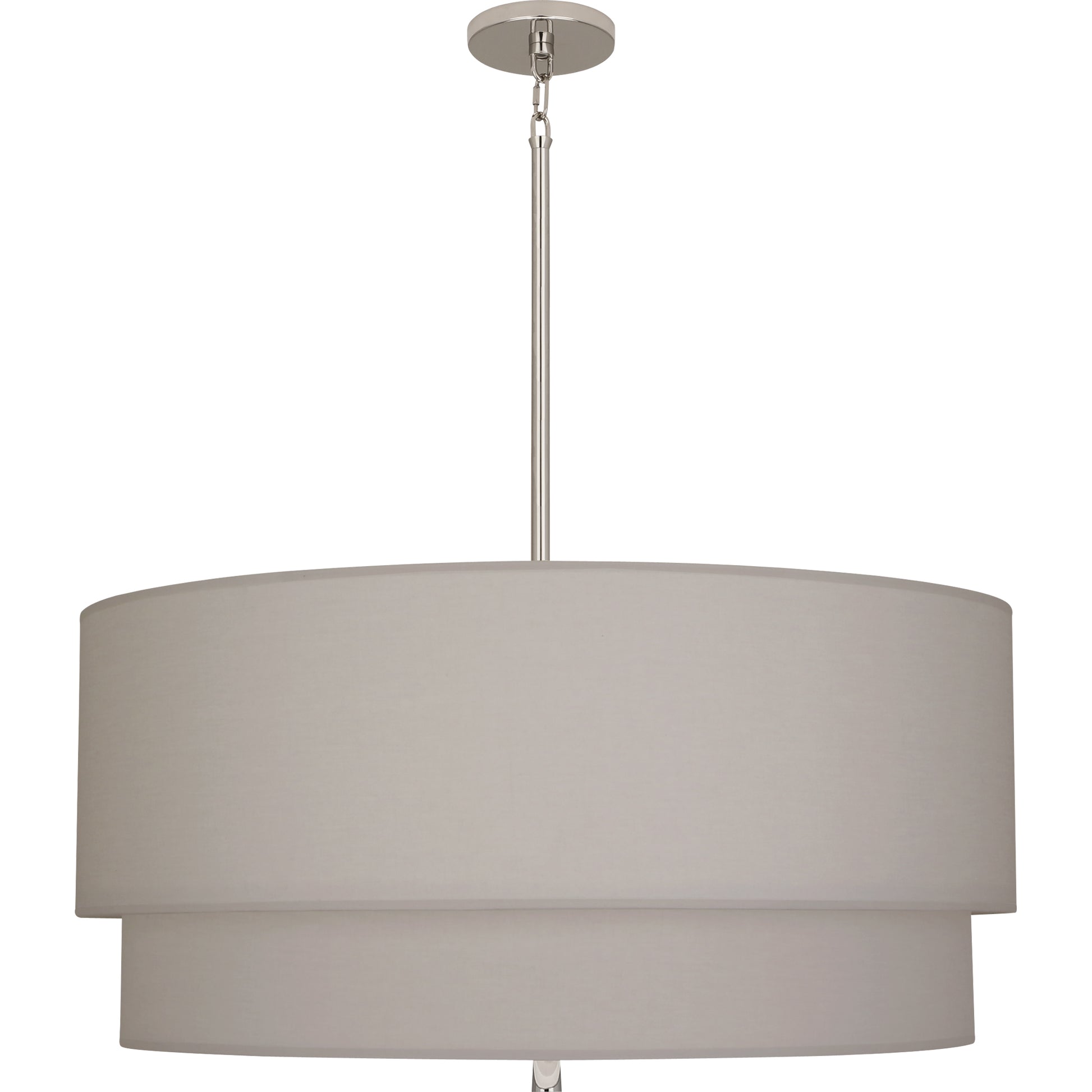 Stylish pendant light featuring a nickel finish with a double-layered smoke gray fabric shade.