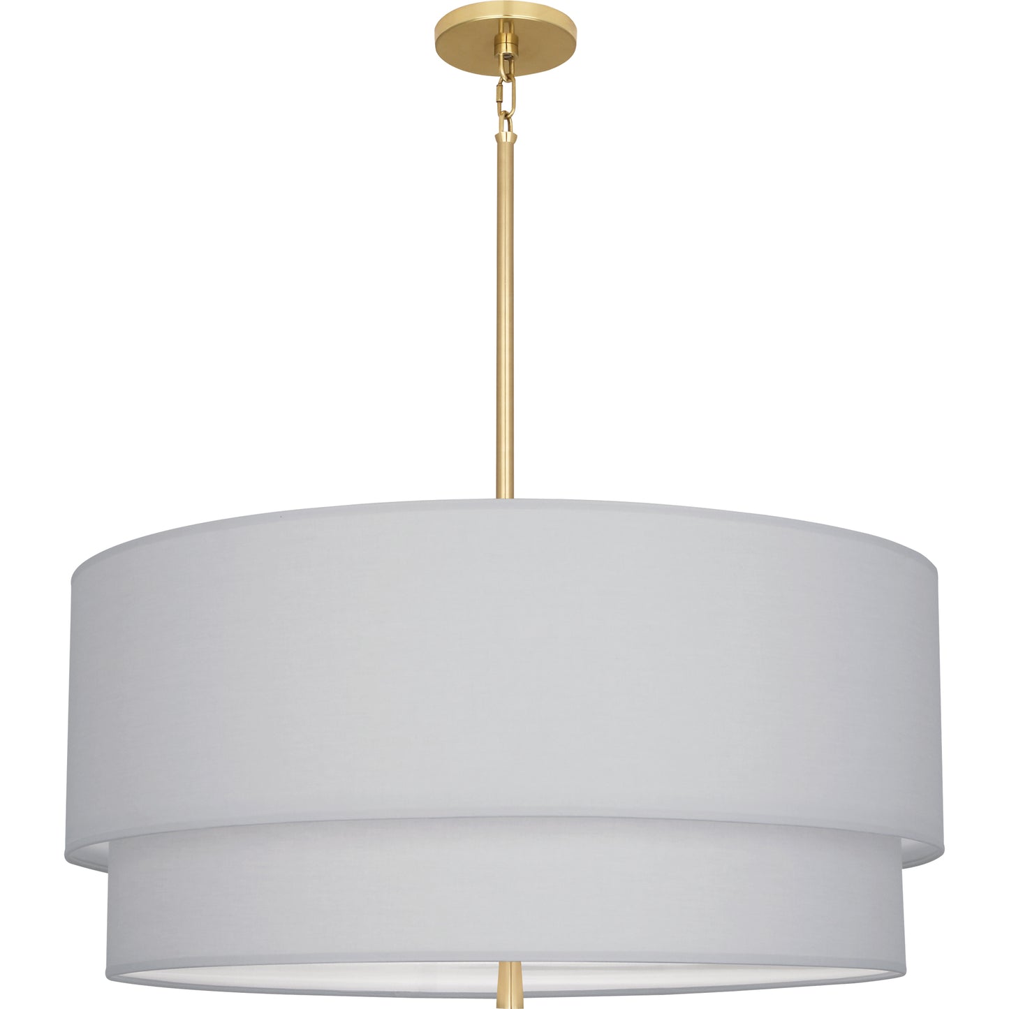 Gold pendant light with a pristine pearl gray double-layered shade for a luxurious look.