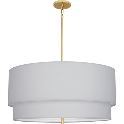 Gold pendant light with a pristine pearl gray double-layered shade for a luxurious look.