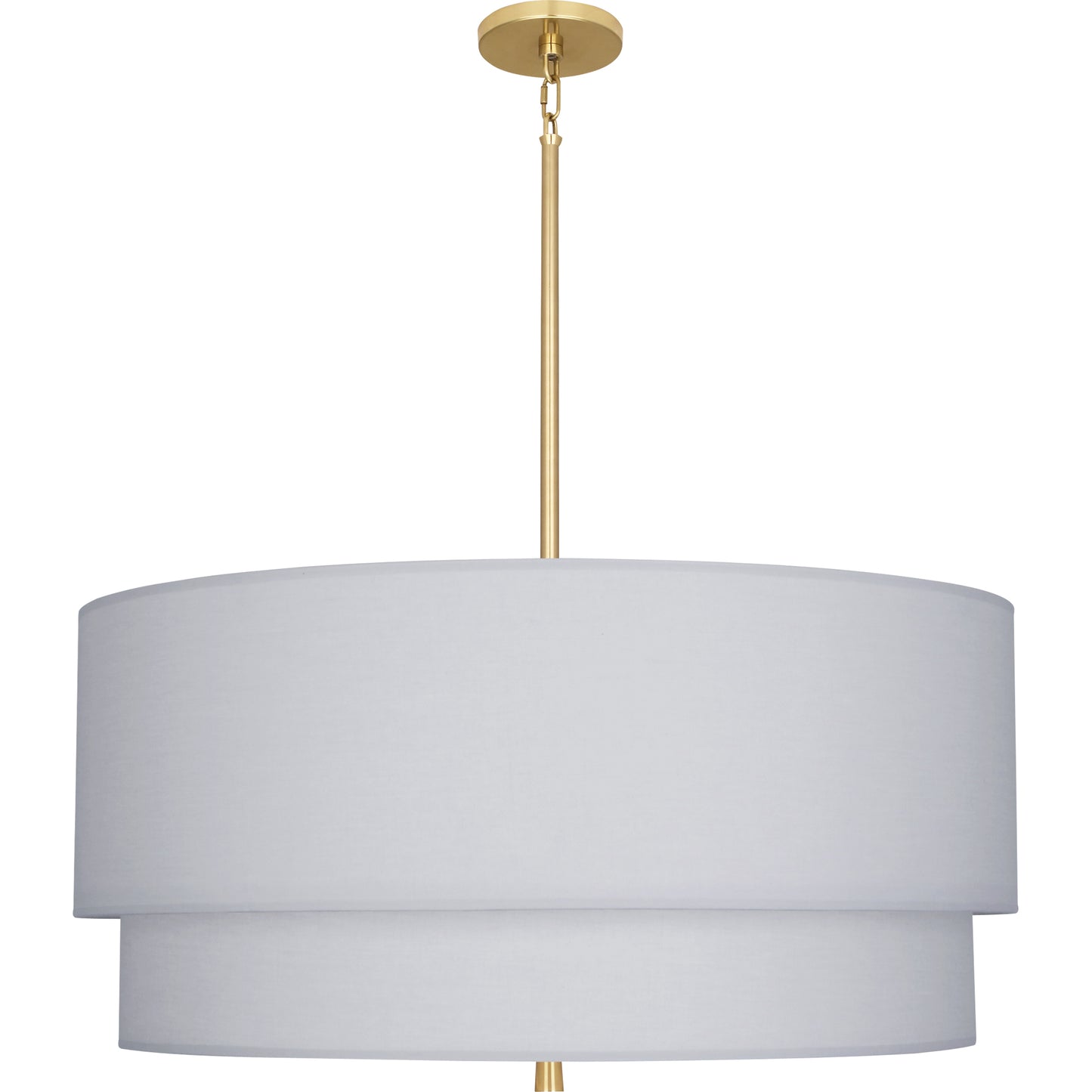 Gold pendant light with a dramatic pearl gray double-layered fabric shade for statement lighting.