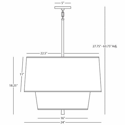 Line drawing of a pendant light with dimensions marked, featuring a tapered shade design and adjustable height from 27.75" to 63.75