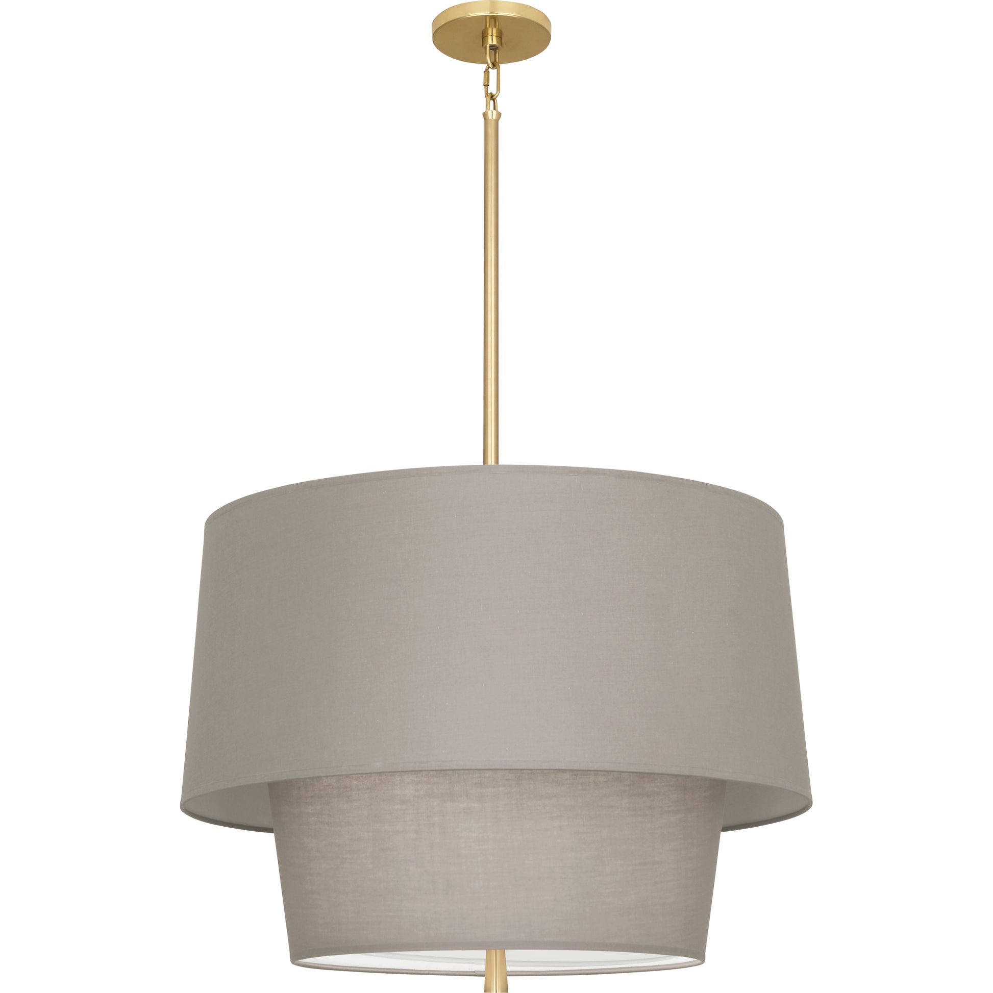 Modern brass pendant light with Smoke Gray fabric shade in a two-tier design, blending contemporary style with warm sophistication.