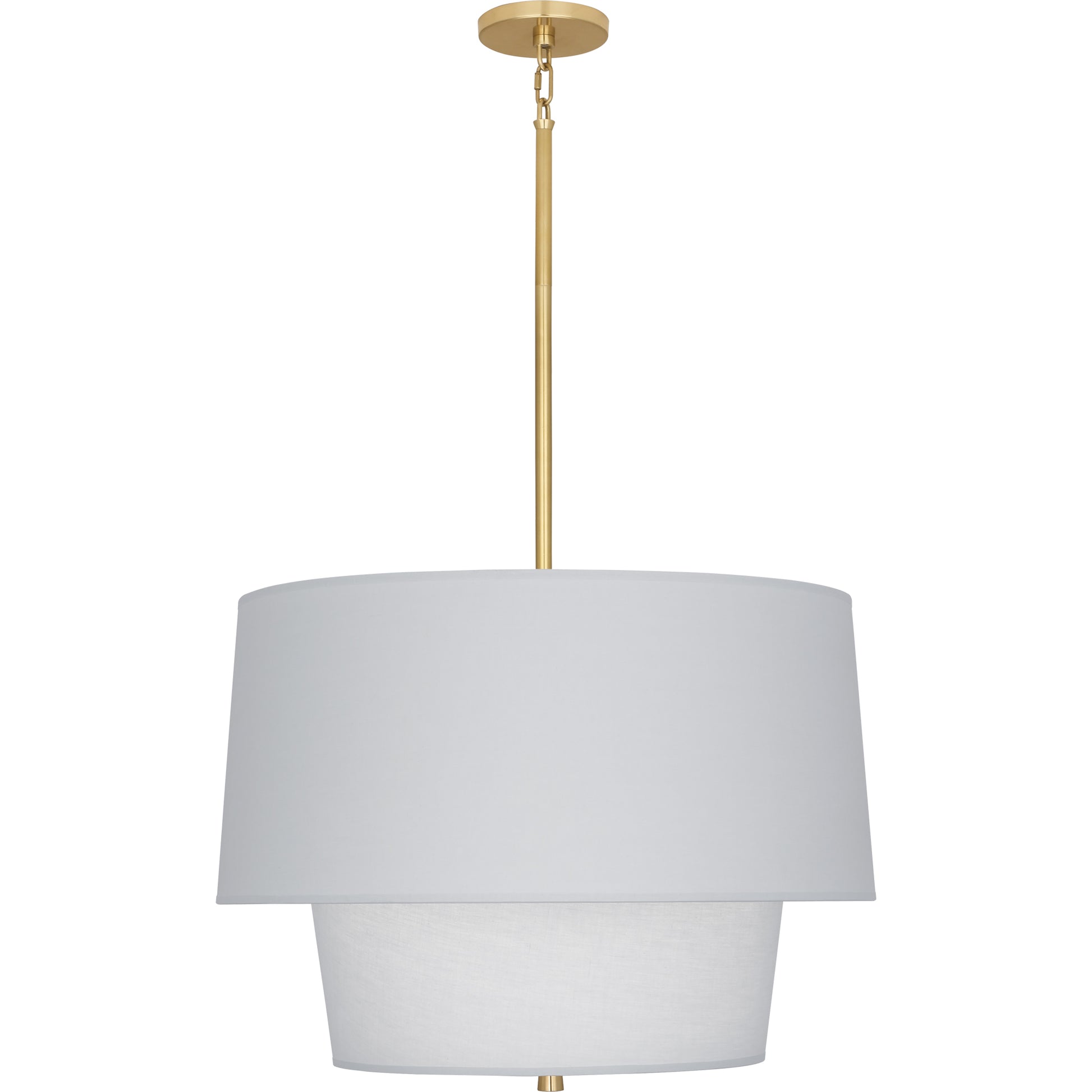 Front view of modern brass pendant with Pearl Gray shade, showcasing its clean, classic look.