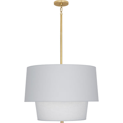 Front view of modern brass pendant with Pearl Gray shade, showcasing its clean, classic look.