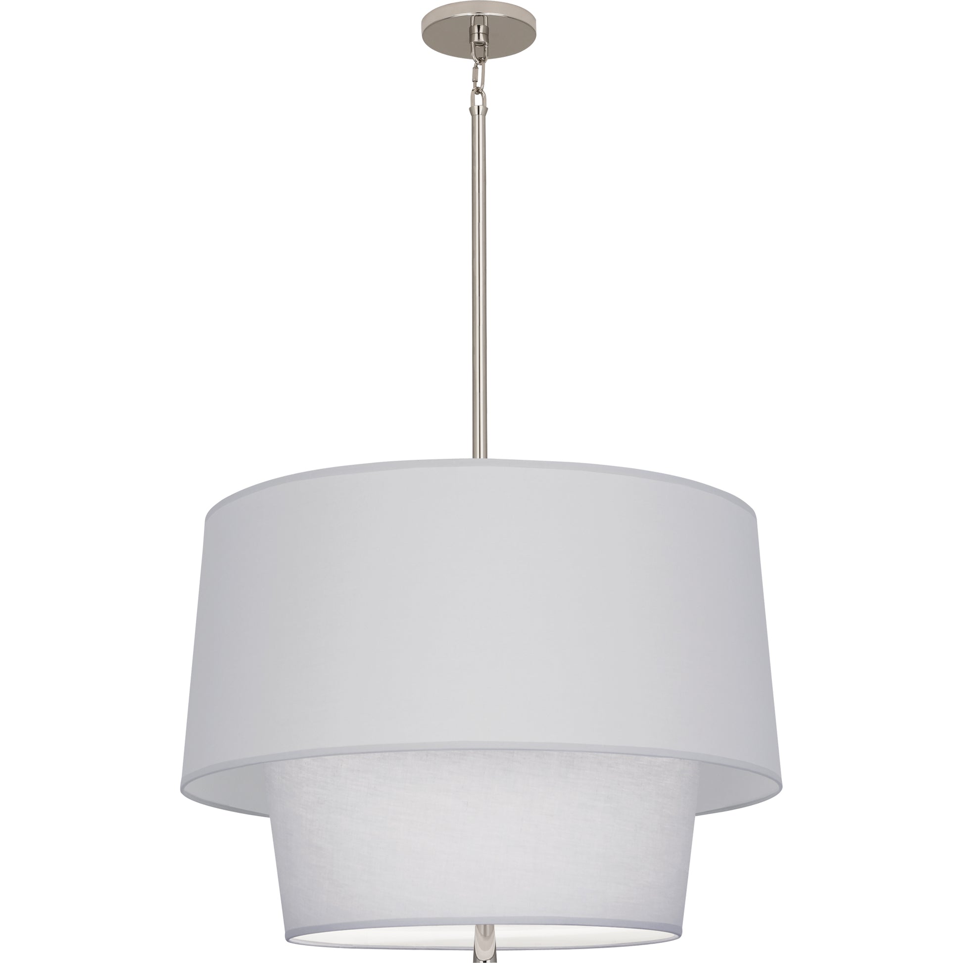 Alternate angle of polished nickel pendant light with Pearl Gray shade, highlighting the two-tier design.