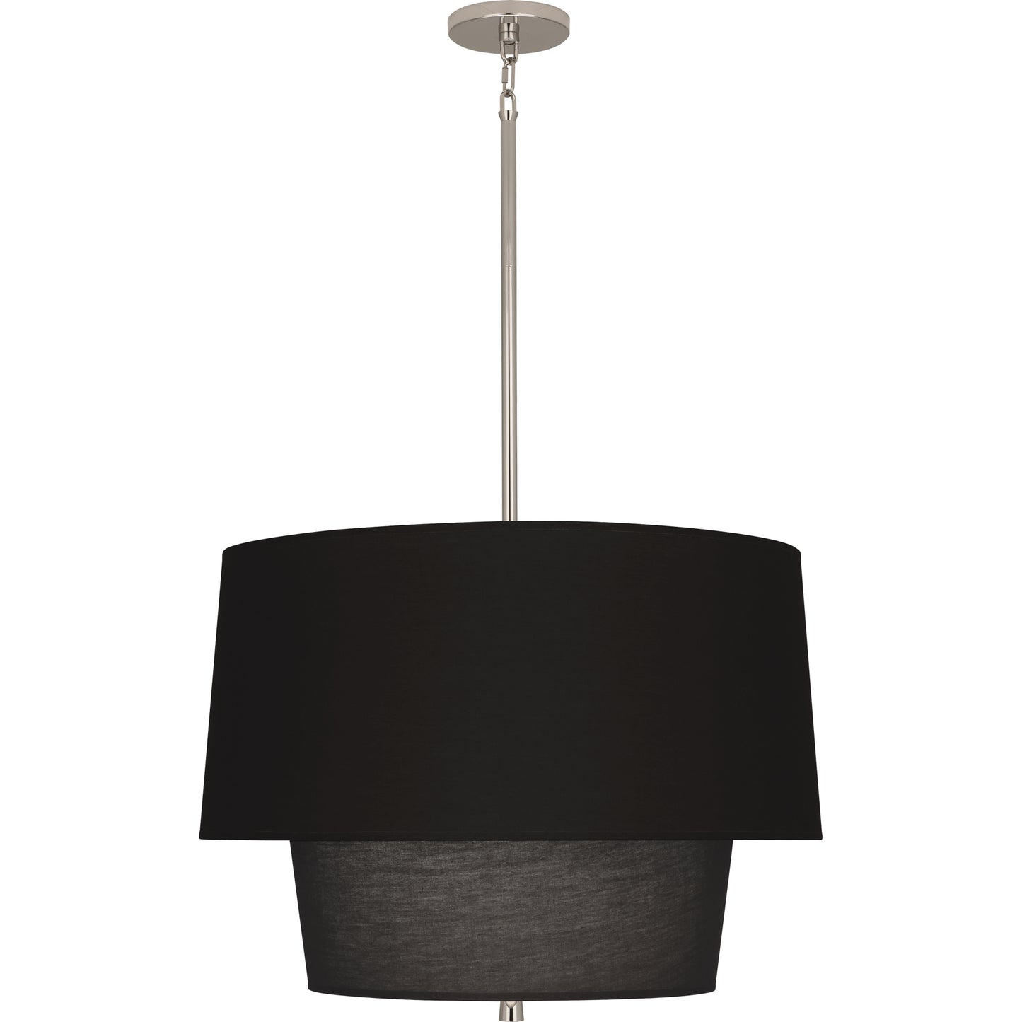  Polished nickel pendant light with Raven Black fabric shade, showcasing a sleek, modern design.