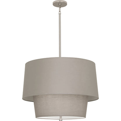 Polished nickel pendant light with Smoke Gray fabric shade in a two-tier design, combining sleekness with modern sophistication.