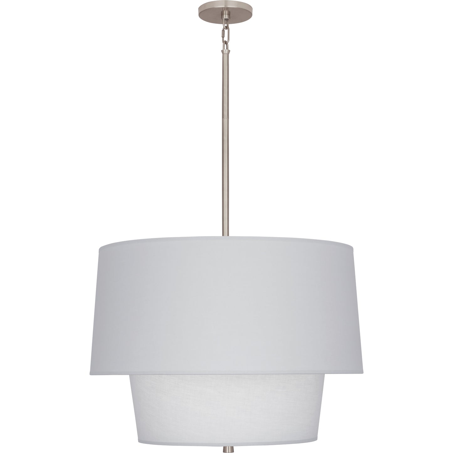 Polished nickel pendant light with Pearl Gray fabric shade, offering a refined and soft glow.