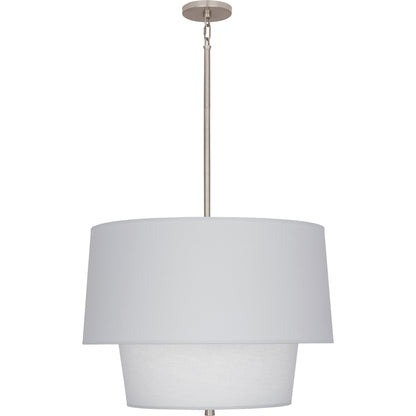 Polished nickel pendant light with Pearl Gray fabric shade, offering a refined and soft glow.