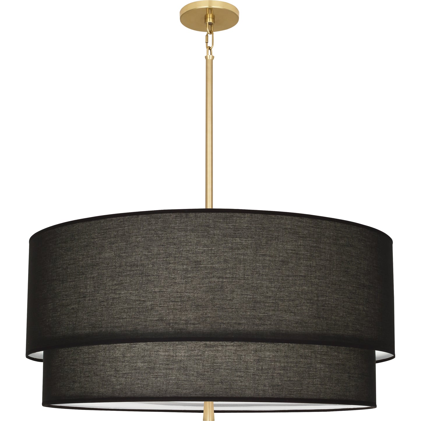 A two-tiered raven black hanging pendant light with a warm brass finish, embodying a bold yet elegant style.