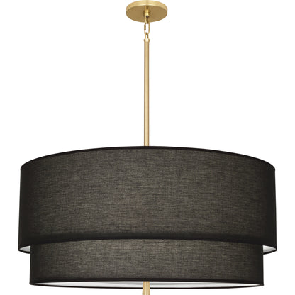 A two-tiered raven black hanging pendant light with a warm brass finish, embodying a bold yet elegant style.