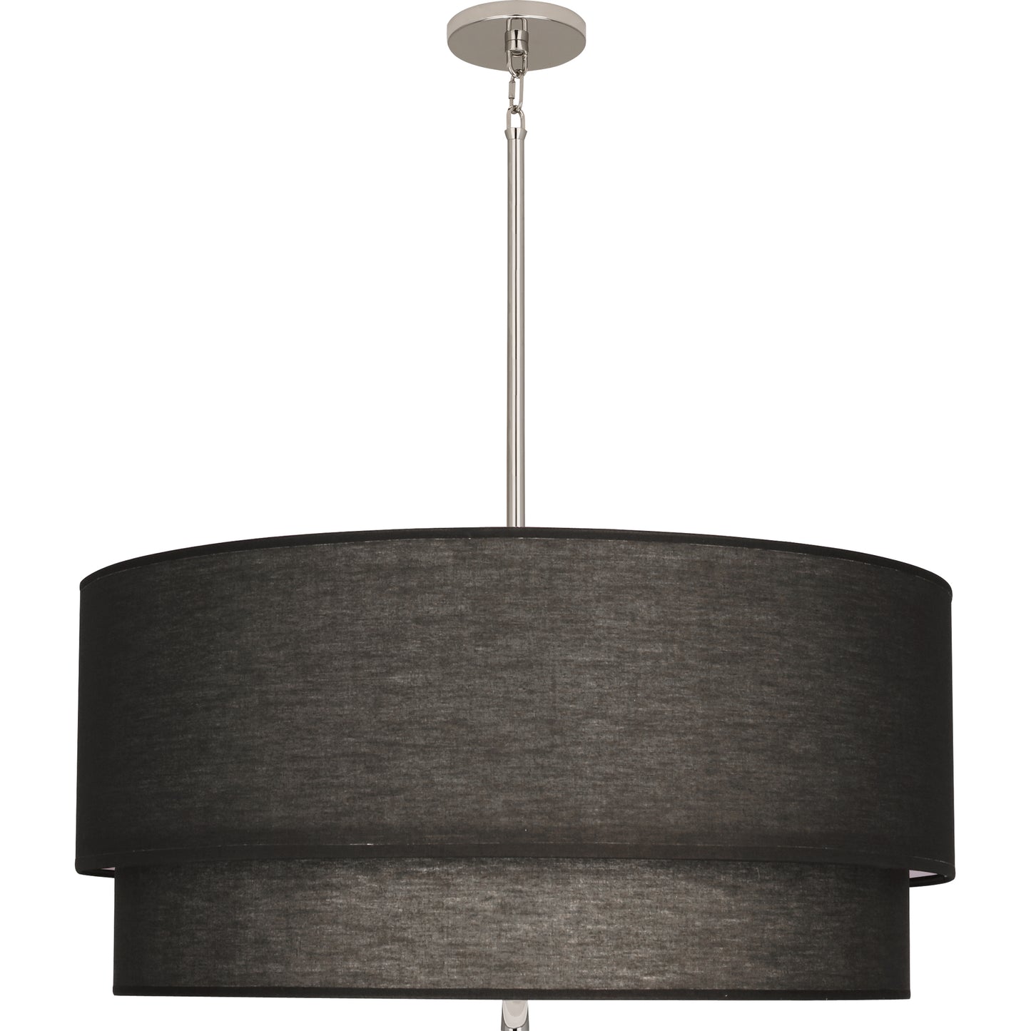 A close-up of a raven black two-tiered hanging pendant light with a polished nickel finish, featuring a sleek and minimalist design.