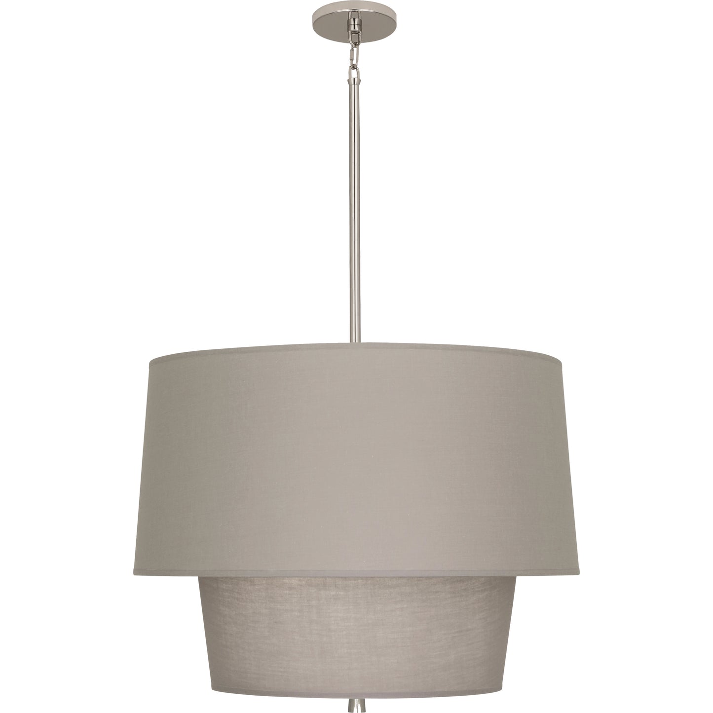 Front view of polished nickel pendant light with Smoke Gray fabric shade, showcasing its contemporary layered structure.